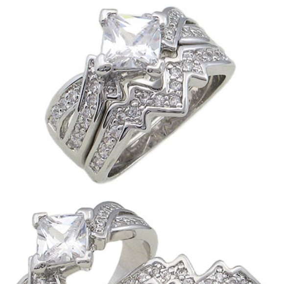 Princess cut Wedding Ring Set 18k plated size 9 - Picture 4 of 5